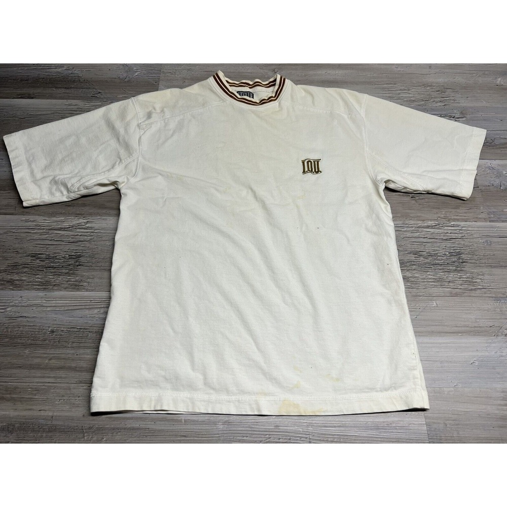 Vintage 90s IOU Basic White T-Shirt‎ Light Brown Ringer Neck Size M Logo
